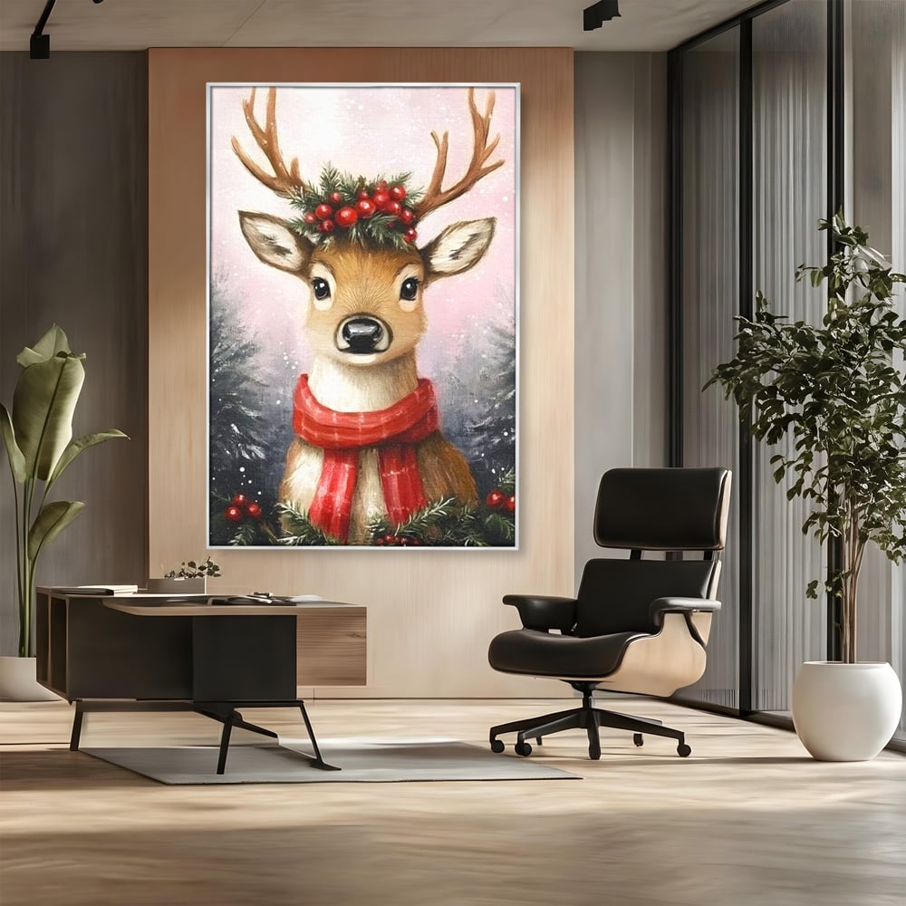 Tablou canvas cu tablou canvas cu ren festiv, in rama de aluminiu argintiu, pe perete intr-un birou